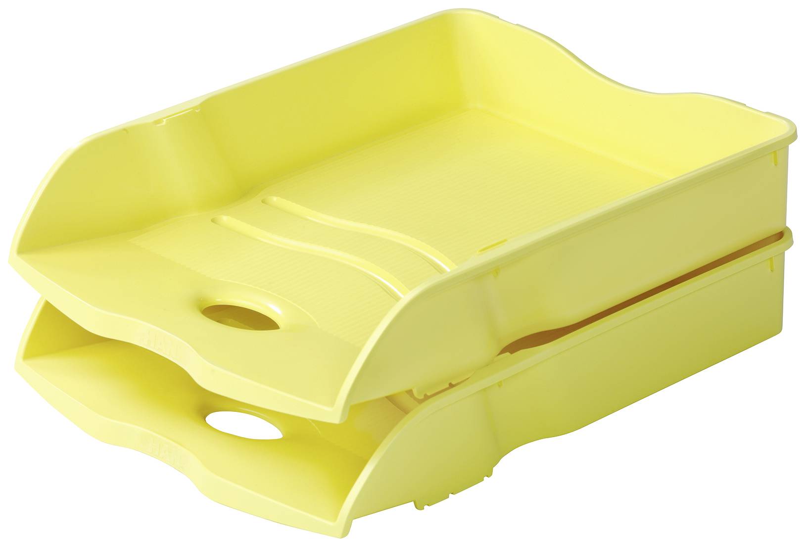 Dwa sztaplowane, żółte pojemniki z tworzywa sztucznego, ułożone jeden na drugim, przeznaczone do organizacji dokumentów.