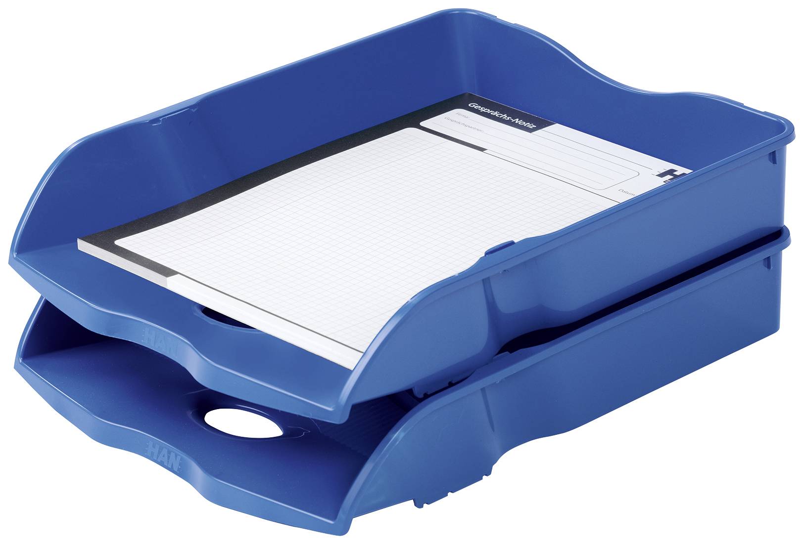 Dwa niebieskie pojemniki na dokumenty ułożone jeden na drugim, górny zawiera notes. Idealne do organizacji dokumentów w biurze.