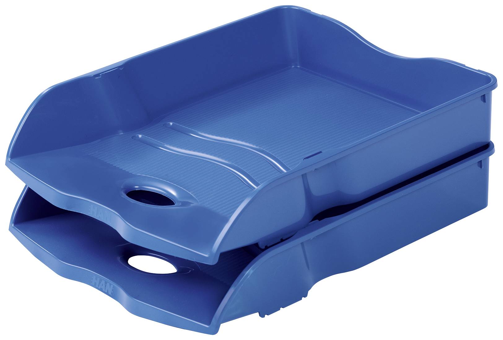 Dwa sztaplowane, niebieskie pojemniki z tworzywa sztucznego do organizacji dokumentów na biurku.