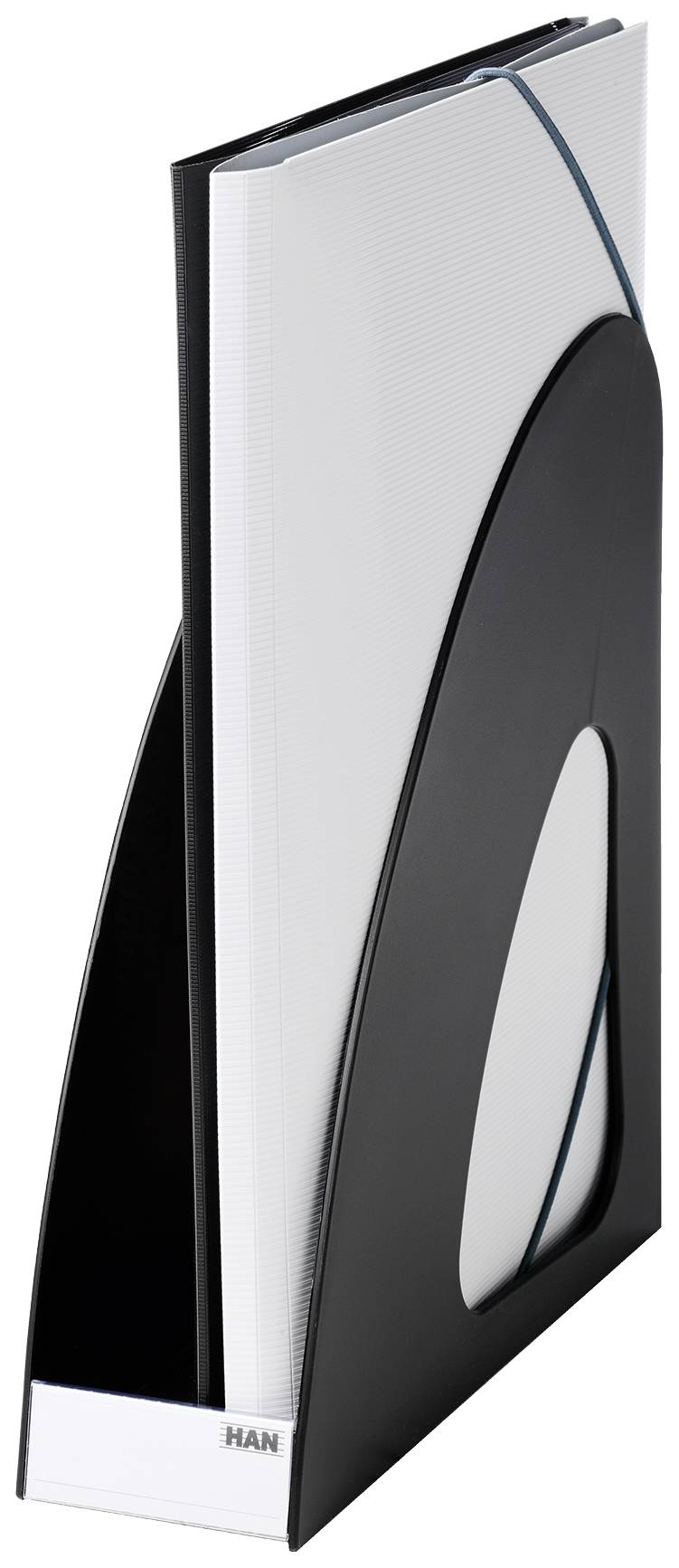 Pusty, stojący stojak na czasopisma w czarno-szarej kolorystyce. Idealny do przechowywania magazynów lub dokumentów.