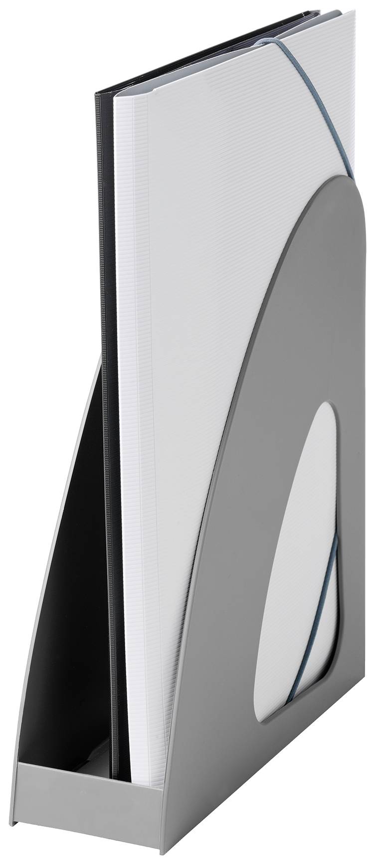 Szary segregator na czasopisma z tworzywa sztucznego, mieszczący kilka magazynów lub dokumentów. Idealny do organizacji materiałów biurowych.