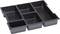Czarny plastikowy pojemnik z sześcioma prostokątnymi przegródkami o różnych rozmiarach.