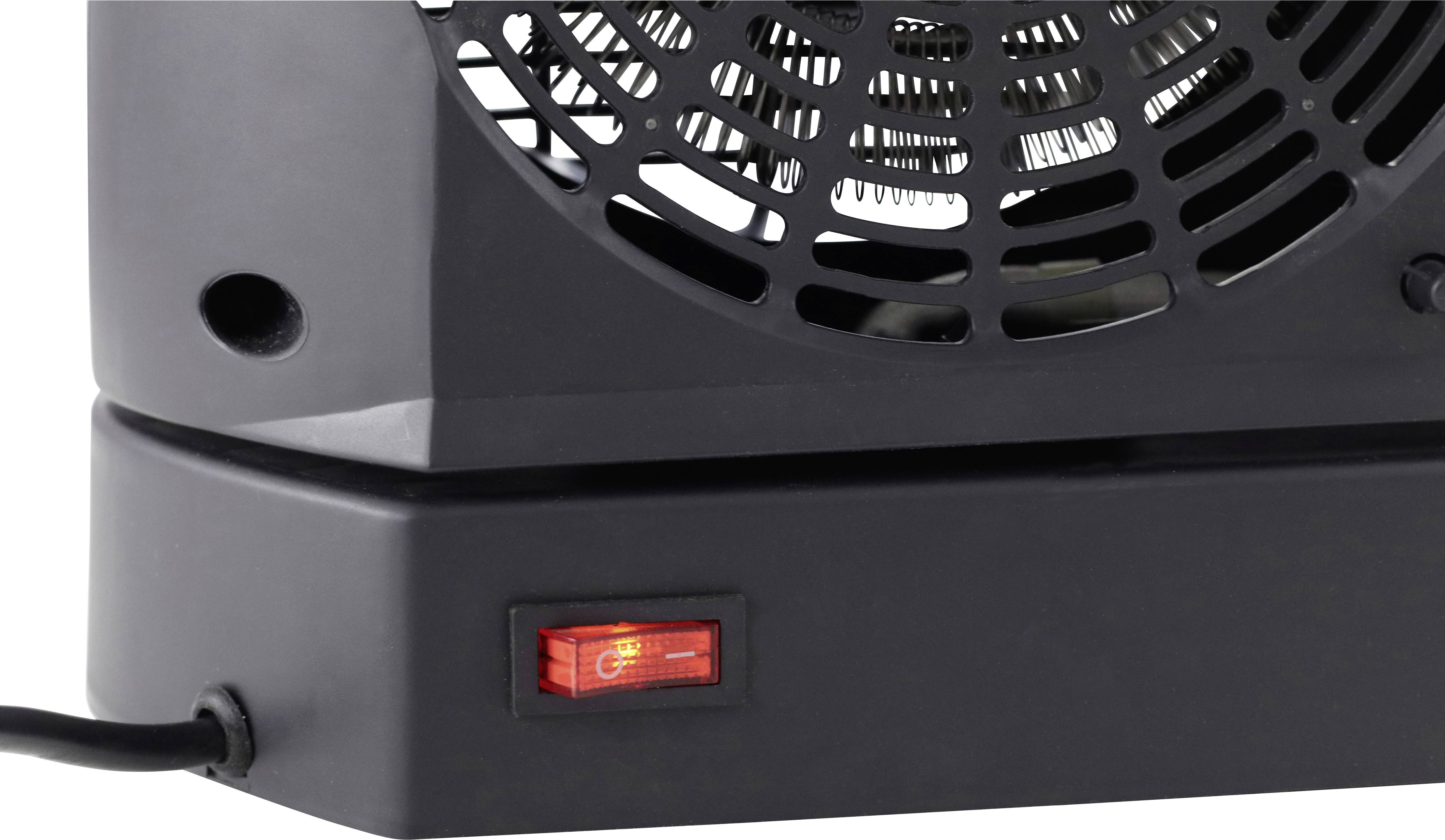 Czarny elektryczny wentylator z czerwonym przełącznikiem włączania/wyłączania u podstawy, strzałka wskazuje pozycję "Włączony".