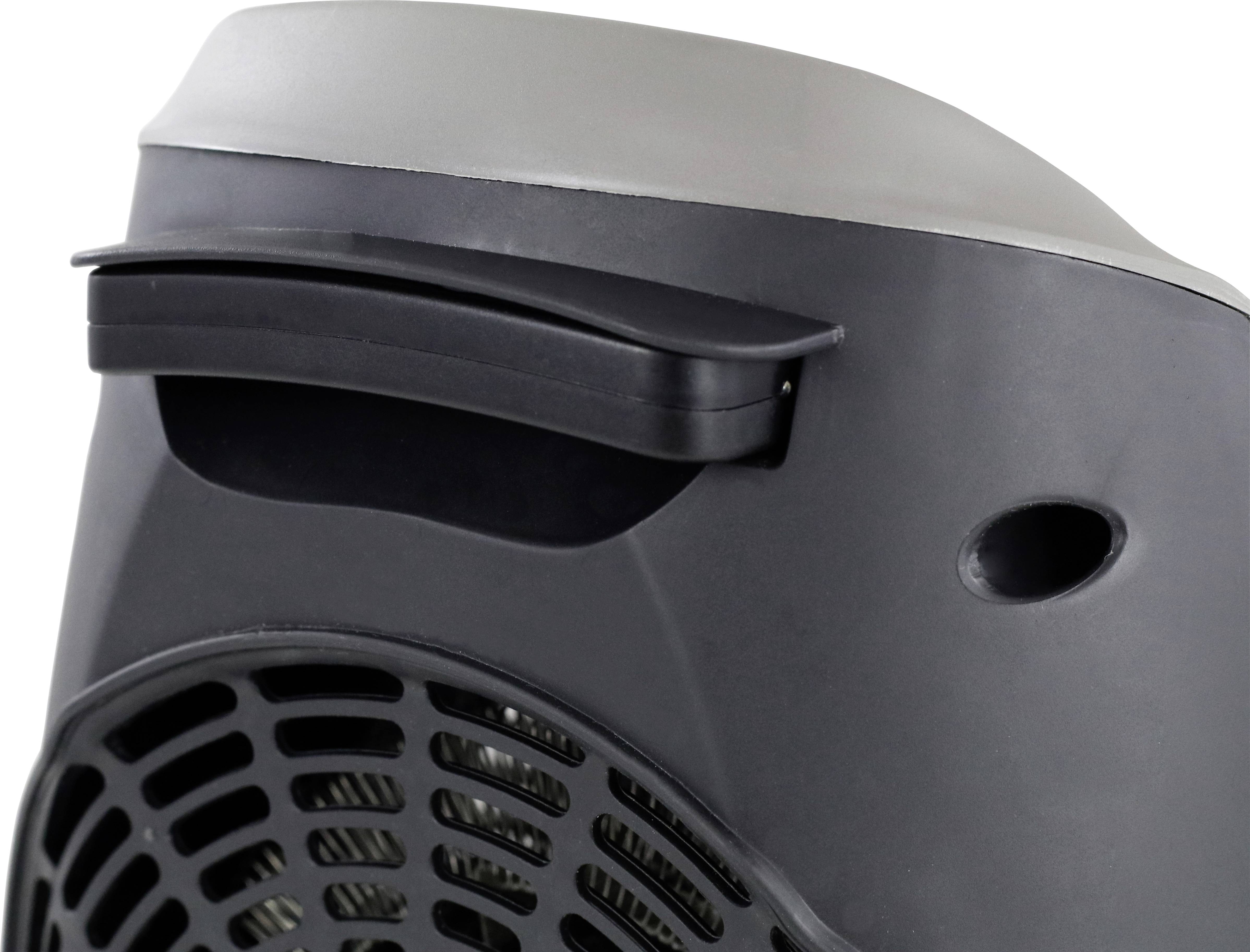 Zbliżenie czarnego przenośnego grzejnika wentylatorowego z regulowanym wylotem powietrza i szarymi elementami na górze, odpowiedniego do użytku wewnątrz pomieszczeń.