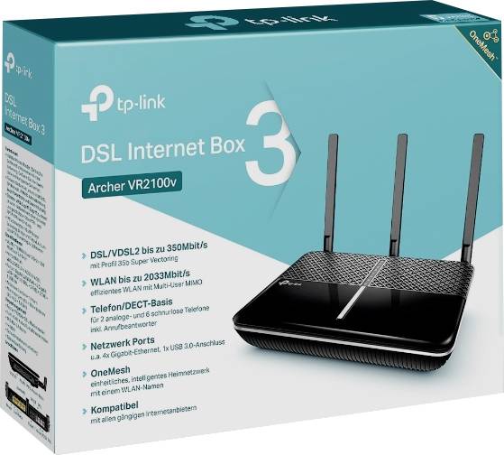 Urządzenie TP-Link DSL Internet Box 3, model Archer VR2100v, prezentuje szczegóły techniczne, takie jak prędkość Wi-Fi oraz możliwości podłączenia.