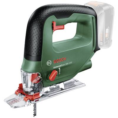 Zielona piła wyrzynarka Bosch, model UniversalSaw 18V-100, z czarnym uchwytem i czerwonym regulatorem, ustawiona bokiem.