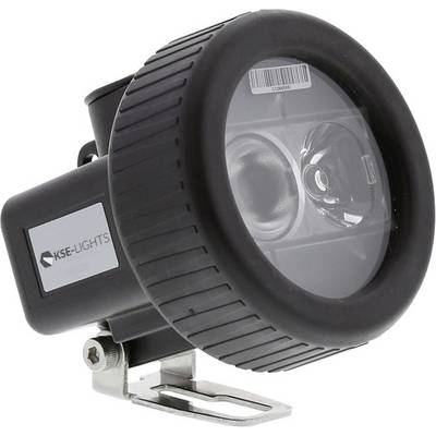 Okrągły, czarny reflektor LED firmy KSE-LIGHTS z uchwytem, przeznaczony do zastosowań przemysłowych lub outdoorowych.