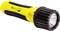 Żółta latarka z czarnym uchwytem i dużym czarnym reflektorem z przodu.