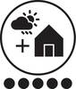 Symbol domu ze słońcem i chmurami deszczowymi, znak plus obok. Na dole pięć wypełnionych kół.