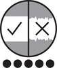 Symbol z zaznaczeniem po lewej stronie i krzyżykiem po prawej stronie, poniżej pięć czarnych punktów.