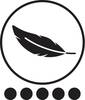 Czarny symbol pióra wewnątrz koła, poniżej którego znajduje się pięć czarnych punktów ułożonych w rzędzie.