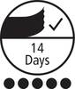 Symbol pojemnika z otwartą pokrywką z symbolem znacznika i napisem '14 Days', wskazujący na 14-dniowy termin przydatności po otwarciu.