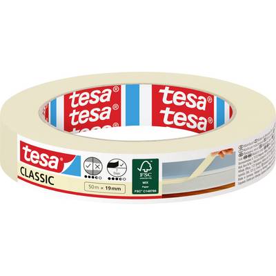 Beżowa rolka taśmy klejącej Tesa Classic ze znakowaniem w kolorze czerwonym i niebieskim. Etykieta pokazuje wymiary: 50m x 19mm oraz certyfikację FSC.