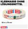 'Masa klejowa bez rozpuszczalników' przedstawia rolkę taśmy Tesa, 50 m x 19 mm, z informacjami o produkcie i symbolami zrównoważonego rozwoju.