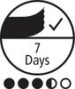 Logo z 7-dniową gwarancją. Pokazane symbole: haczyk, '7 Days' oraz pięć kół, z których piąte jest wypełnione do połowy.