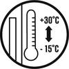 Symbol termometru ze skalą temperatur od +30°C do -15°C, wskazujący zakres temperatury.