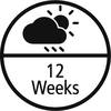 Okrągły symbol przedstawia chmurę, słońce i krople deszczu, pod spodem widnieje napis '12 Weeks'. Symbolizuje warunki pogodowe przez 12 tygodni.