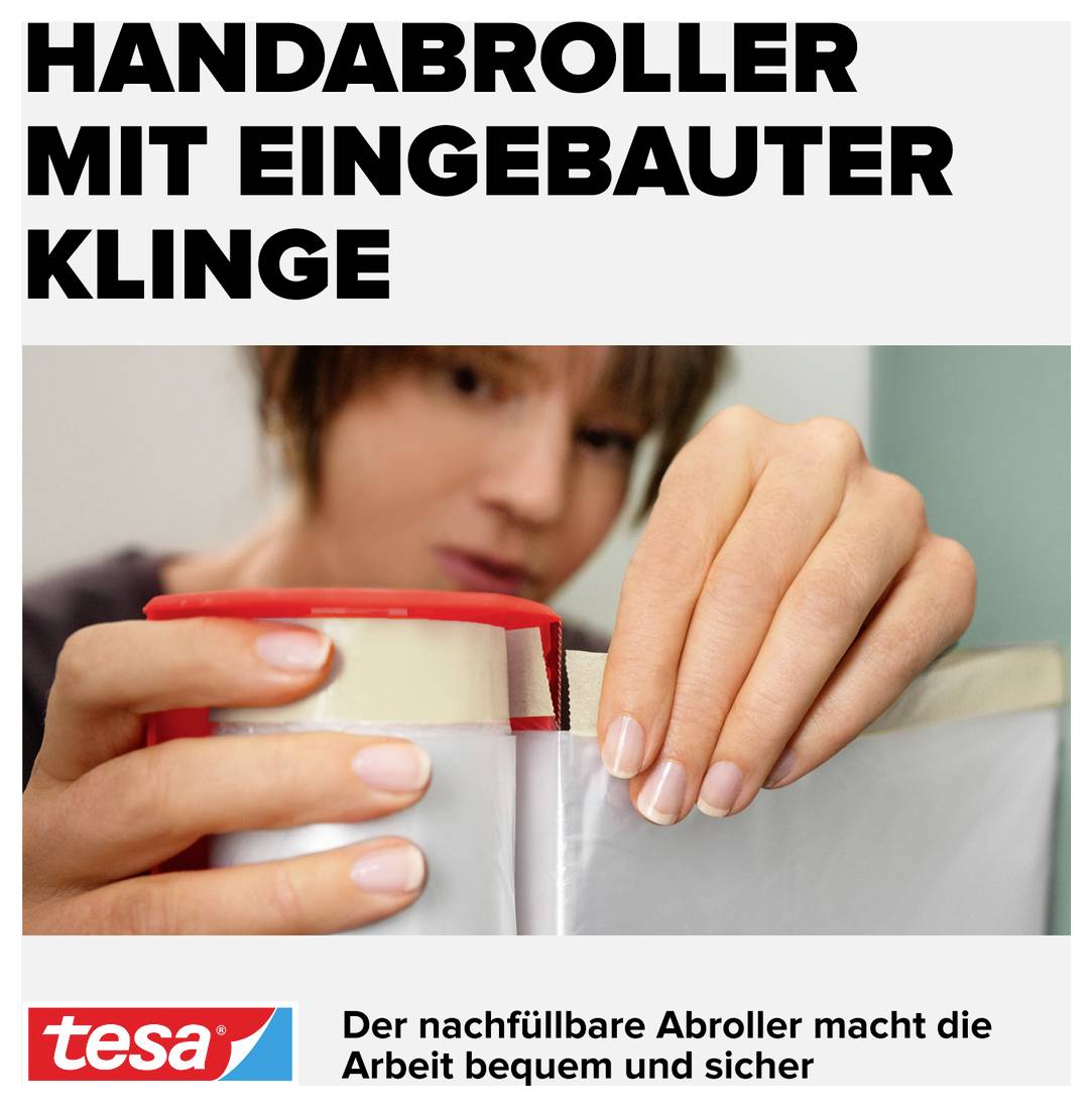 Osoba używa ręcznego dyspensera z zamontowanym ostrzem, aby odciąć taśmę. Poniżej znajduje się napis: "Uzupełnialny dyspenser czyni pracę wygodną i bezpieczną".