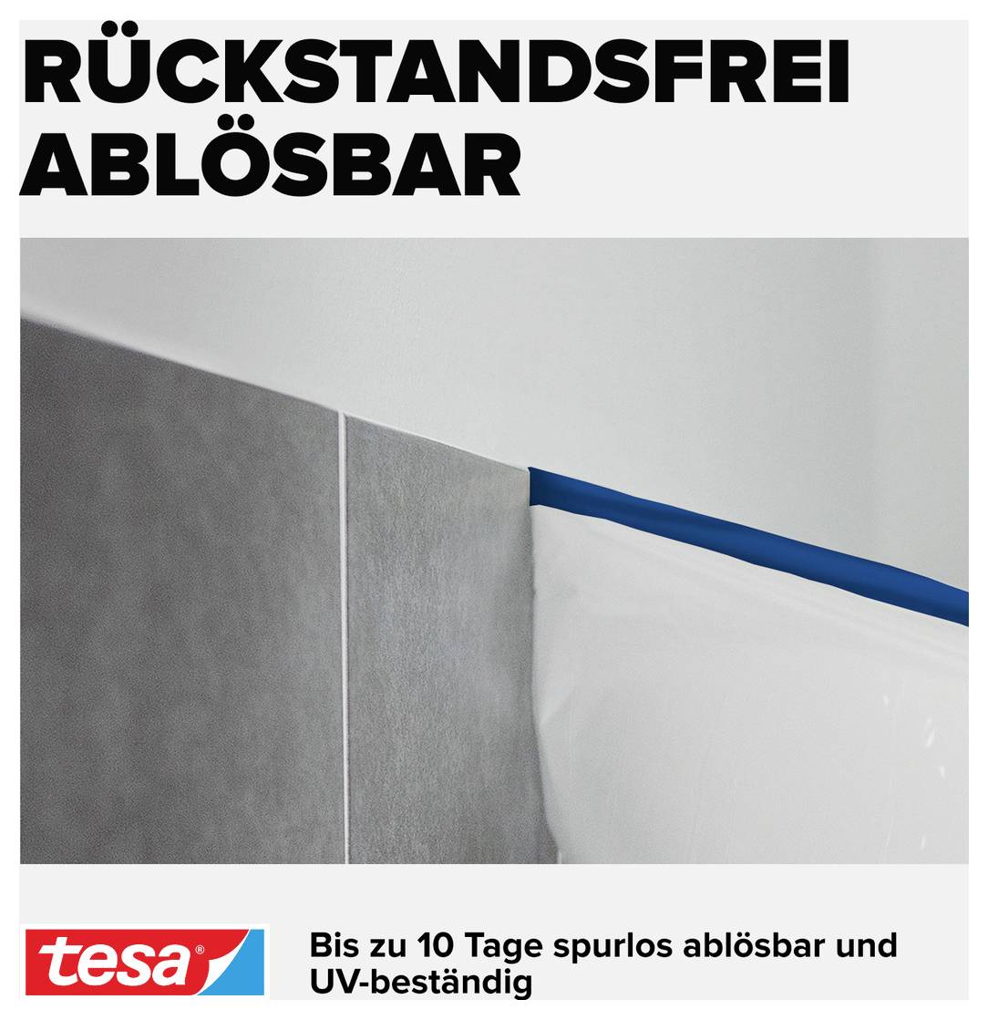 „Całkowicie bez pozostałości" widnieje u góry. Poniżej zdjęcie taśmy klejącej na gładkiej powierzchni. Tekst: „Do 10 dni można usunąć bez śladu, odporny na promieniowanie UV".