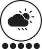 Symbol pogody z chmurą, deszczem i częściowo słonecznie. Poniżej pięć kółek, które mogą wskazywać na system oceny lub status.