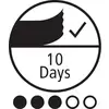 Symbol koła z znacznikiem i napisem '10 dni', poniżej pięć kół, z czego cztery są wypełnione.