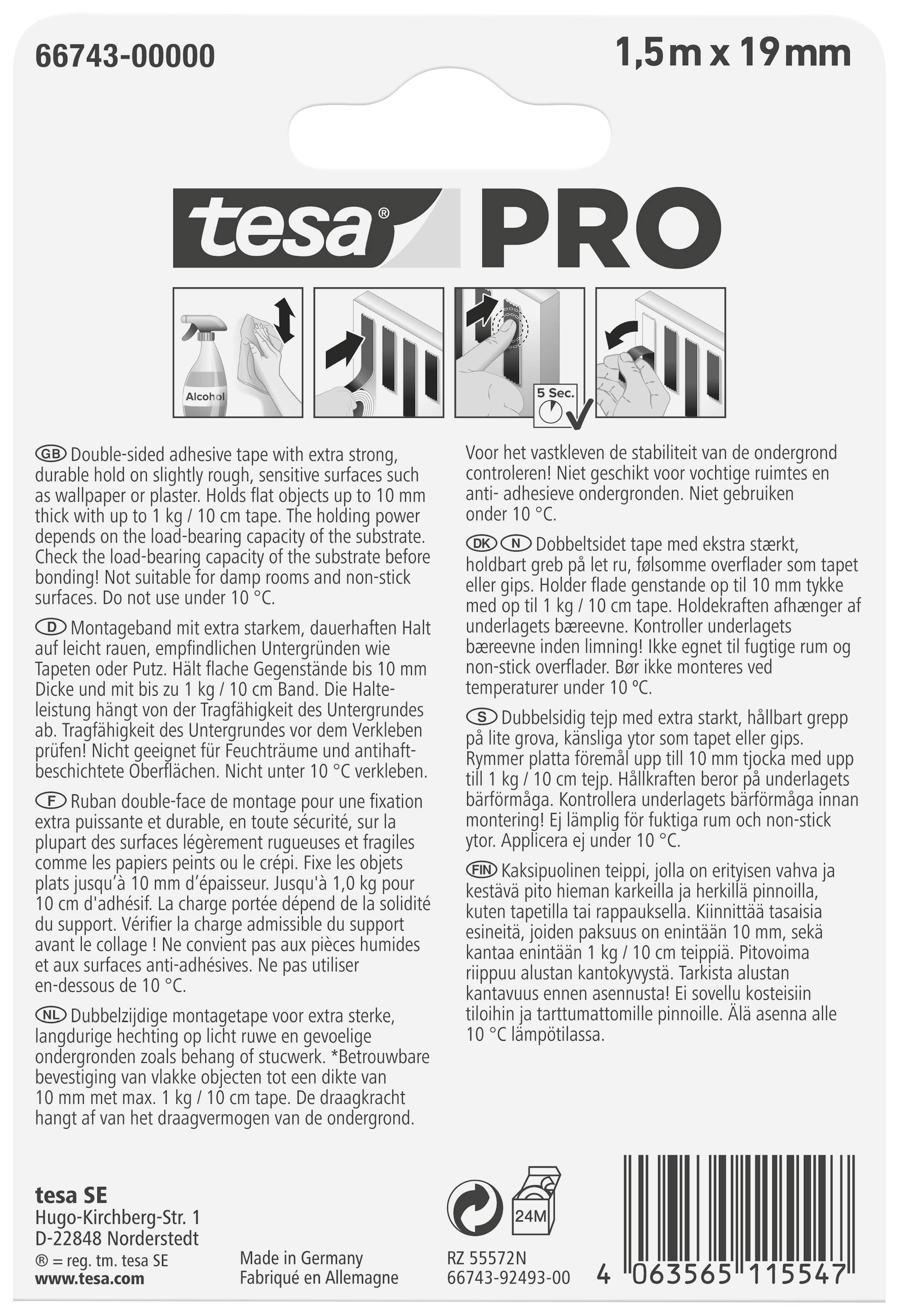 tesa 66743-00000-00 Монтажна стрічка Mounting PRO Tapete & Putz (Д x Ш) 1,5 м x 19 мм 1,5 м 1 шт.