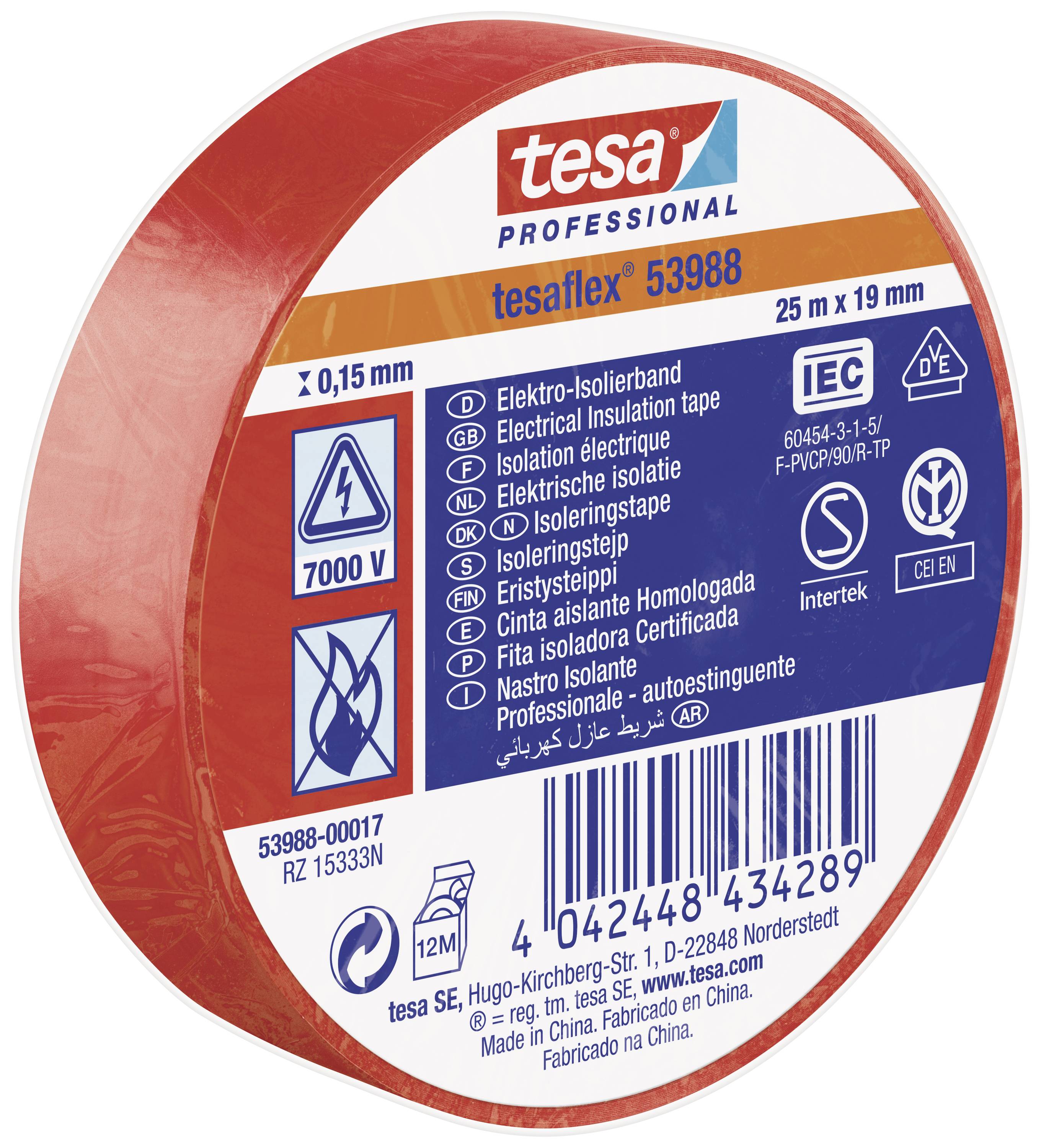 Rolka taśmy izolacyjnej Tesa Klebebandrolle 'tesaflex 53988' do izolacji elektrycznej, rozmiar 25 m x 19 mm, z charakterystyką techniczną na opakowaniu.