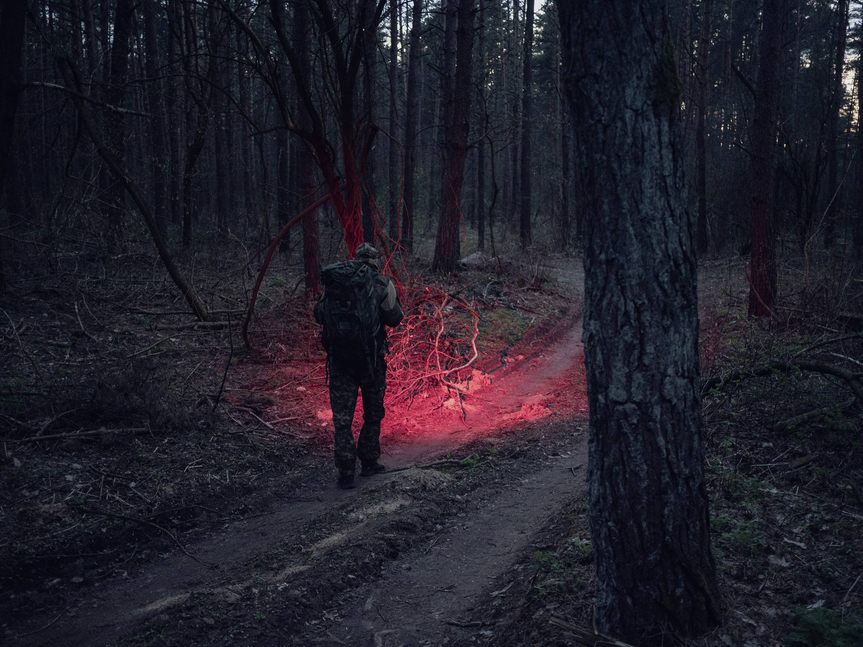 Osoba w lesie, idąca ścieżką. Grunt jest oświetlony czerwonym światłem, które tworzy tajemniczą atmosferę.