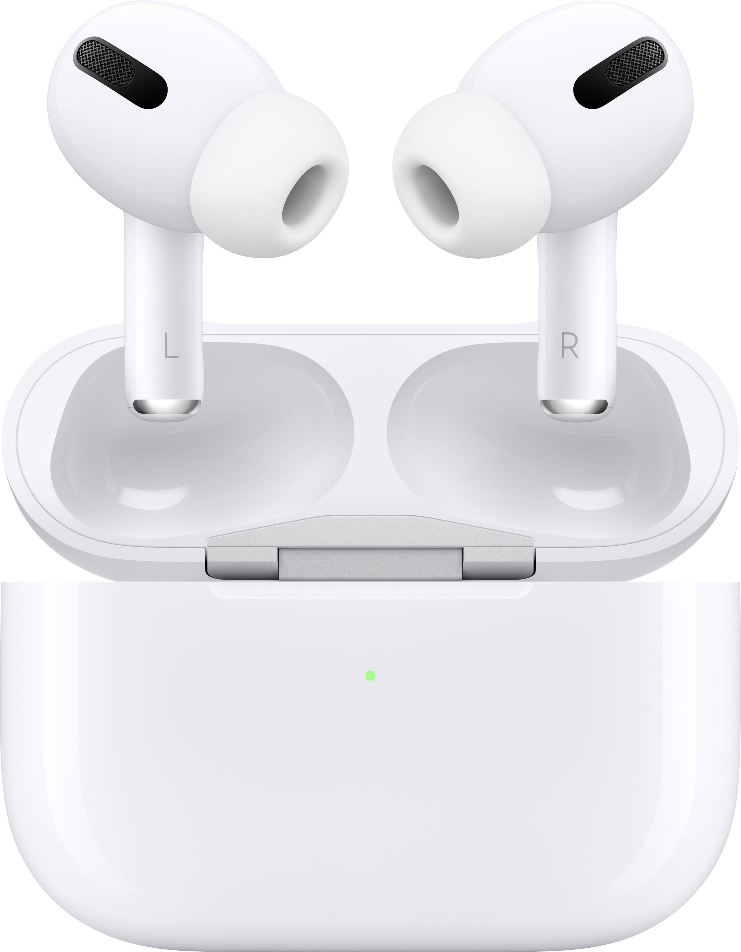 Białe bezprzewodowe słuchawki douszne w etui ładującym, lekko otwartym. Po lewej stronie widać oznaczenie 'L', po prawej 'R'.