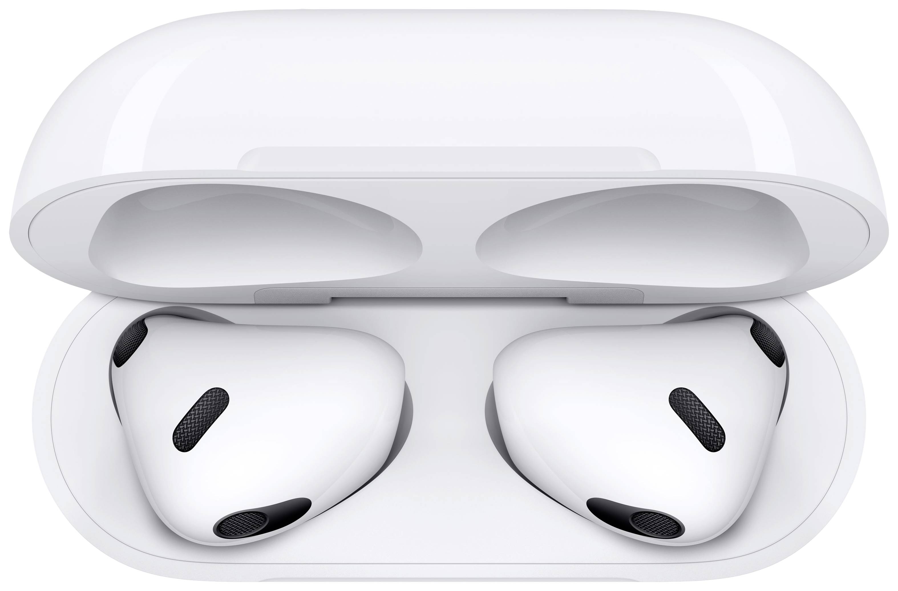 Białe bezprzewodowe słuchawki douszne w otwartym etui ładującym, widziane z góry.