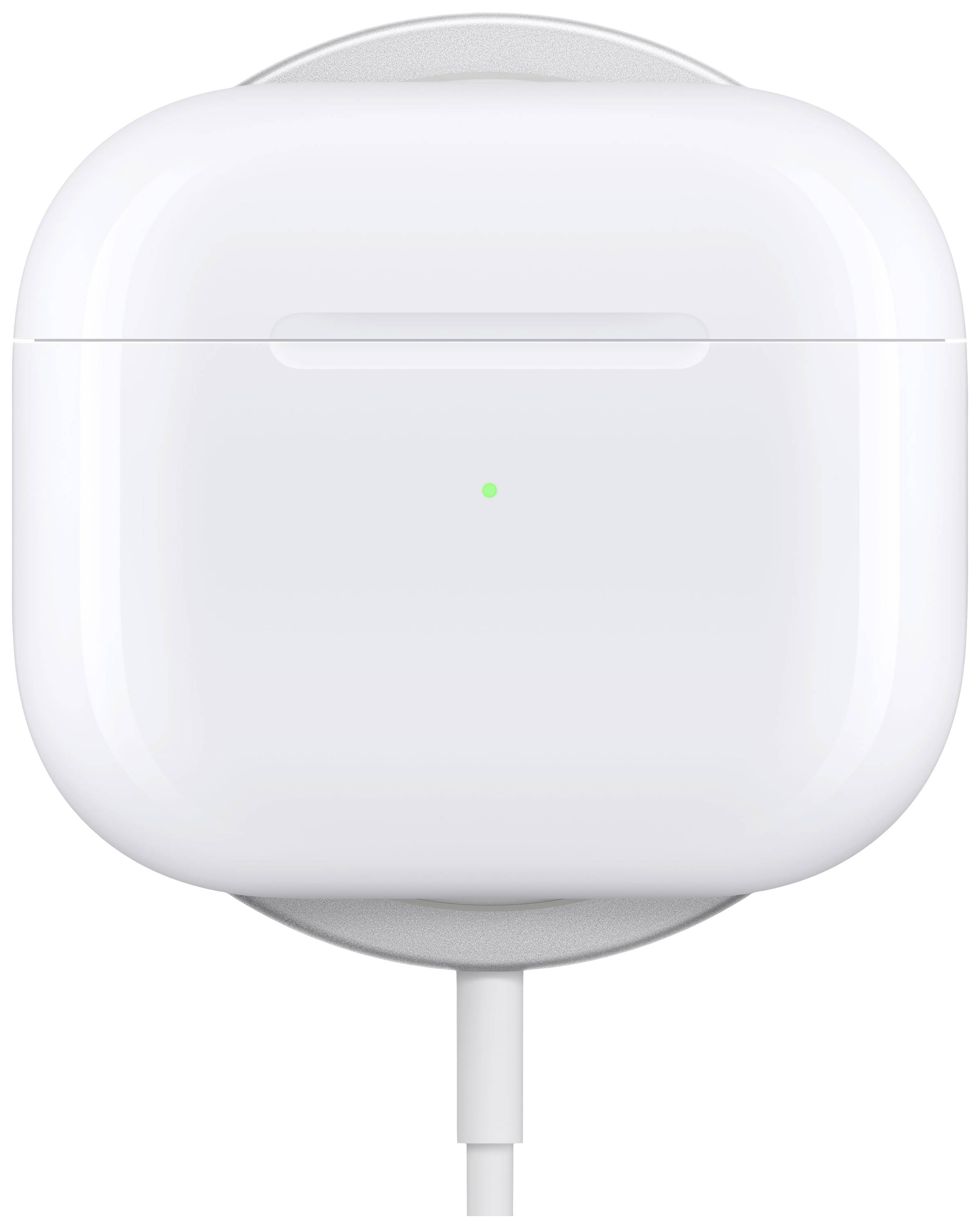 Białą ładowarkę z etui do słuchawek ładowanym bezprzewodowo, rozpoznawalną po małym zielonym punkcie świetlnym na etui.