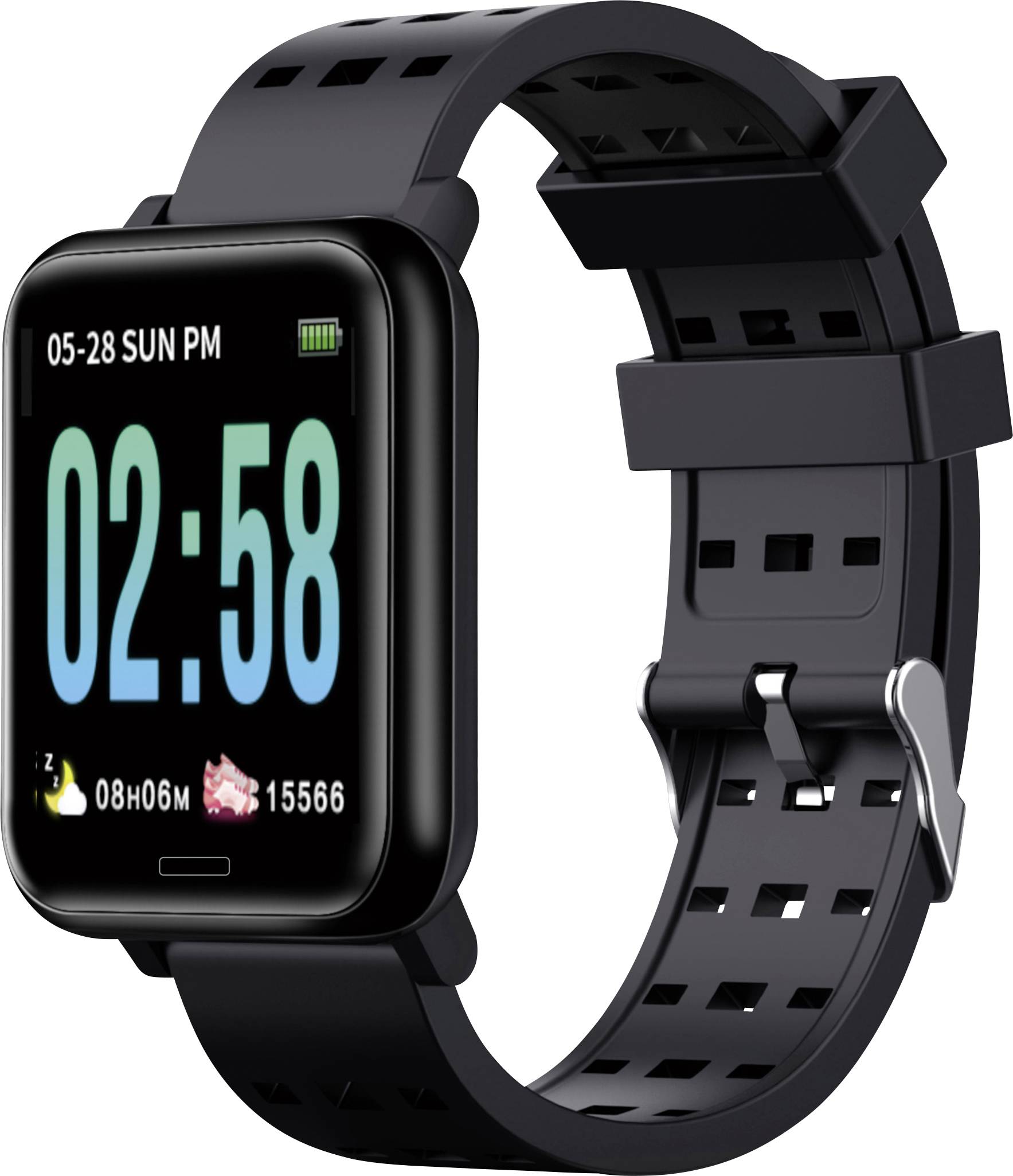 Czarna smartwatch wyświetla godzinę 02:58. Na ekranie widoczna jest również data '05-28' oraz liczba kroków '15566'.