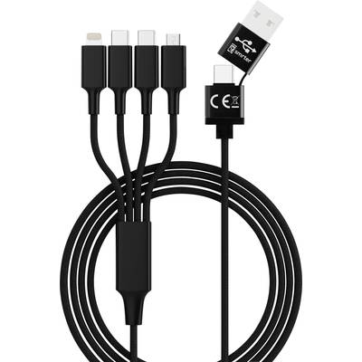 Wielofunkcyjny kabel z czterema złączami. Zawiera złącza USB-C, Micro-USB, Lightning oraz USB. Czarny, z oznaczeniem CE.