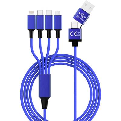 Niebieskie przewód USB z wymiennymi wtyczkami: Lightning, USB-C, Micro-USB. Górna wtyczka pokazuje logo USB.