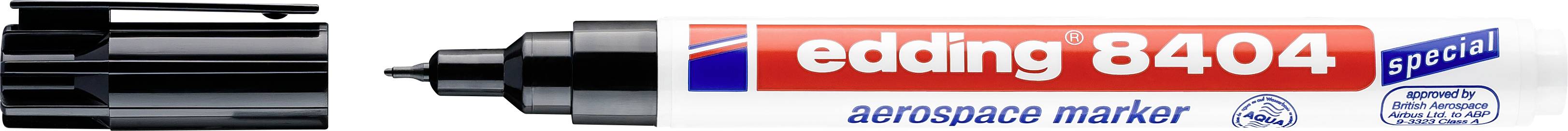 Czarny marker z napisem 'edding 8404 aerospace marker'. Specjalnie przeznaczony do zastosowań w lotnictwie i przemyśle kosmicznym.