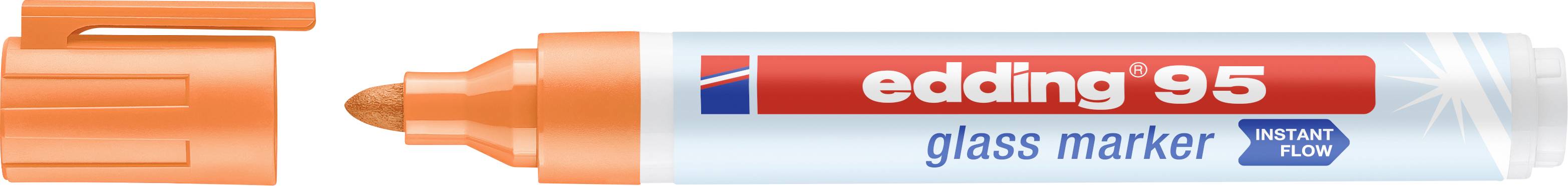 Pomarańczowy marker do szkła 'edding 95 glass marker' z odchyloną nakładką; przeznaczony do pisania na szkle, z napisem 'instant glow'.