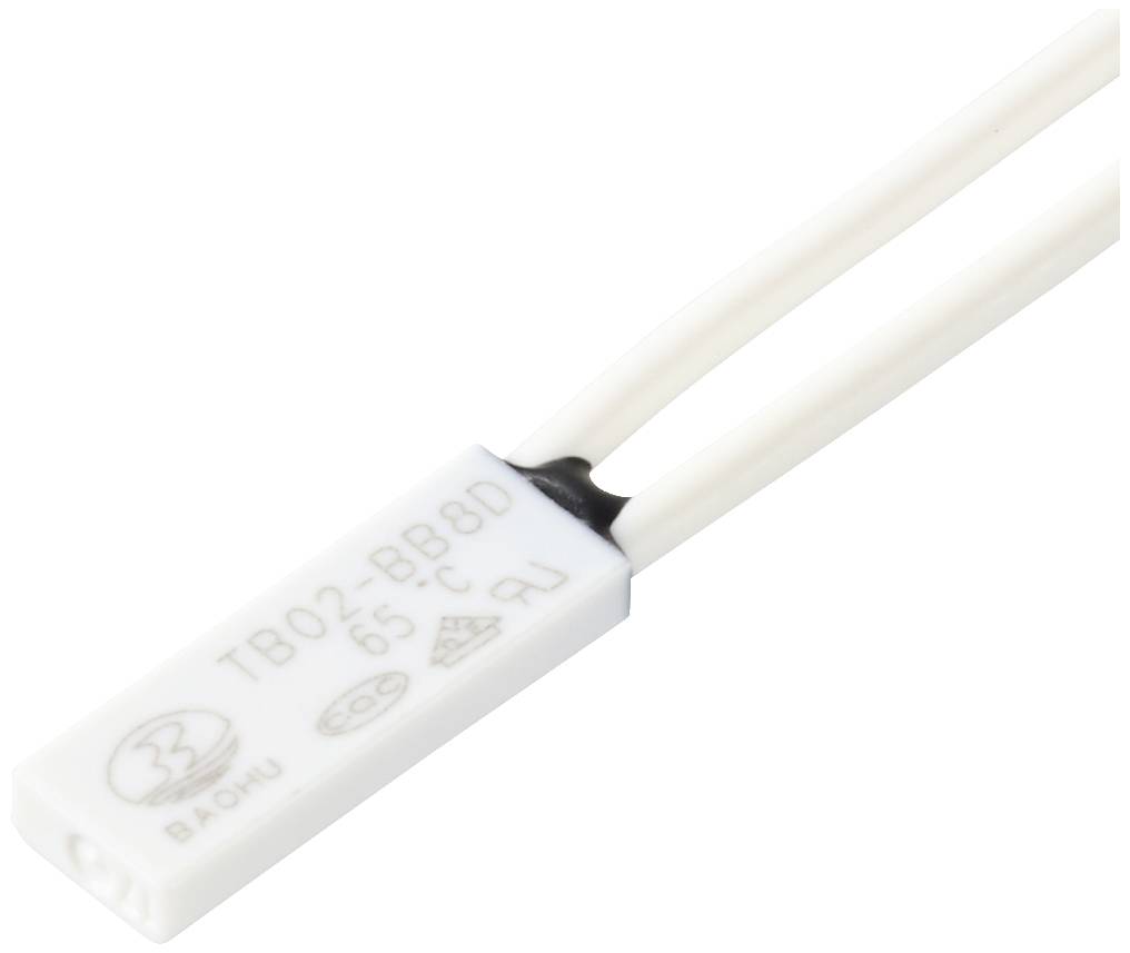 Prostokątny biały przełącznik temperatury z dwoma podłączonymi białymi przewodami. Napis: 'TB02-BB80 65°C'.