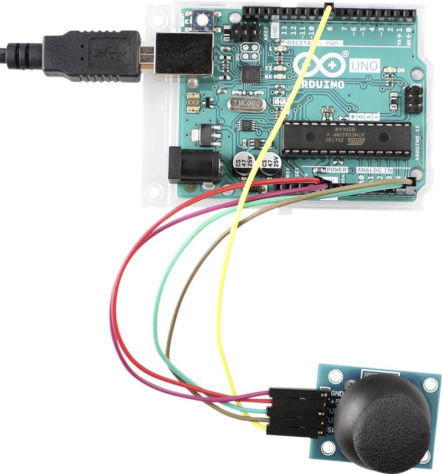 Płytka Arduino podłączona do modułu joysticka za pomocą kolorowych przewodów. Arduino jest podłączone kablem USB.