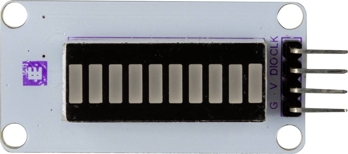 Elektroniczny moduł wyświetlacza z dziesięcioma paskami w układzie poziomym. Opisany napisem 'G V DIO CLK' po prawej stronie.