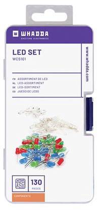 Zestaw LED WCS101. Zawiera 130 komponentów, w tym diody LED różnych kolorów. Opakowanie firmy 'Whadda', z ilustracją diod LED.