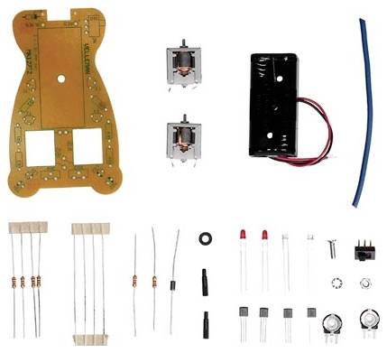 Elektroniczny zestaw majsterkowicza z płytką drukowaną, rezystorami, przełącznikami, diodami LED, przewodami połączeniowymi i komorą bateryjną; komponenty do budowy obwodów elektronicznych.