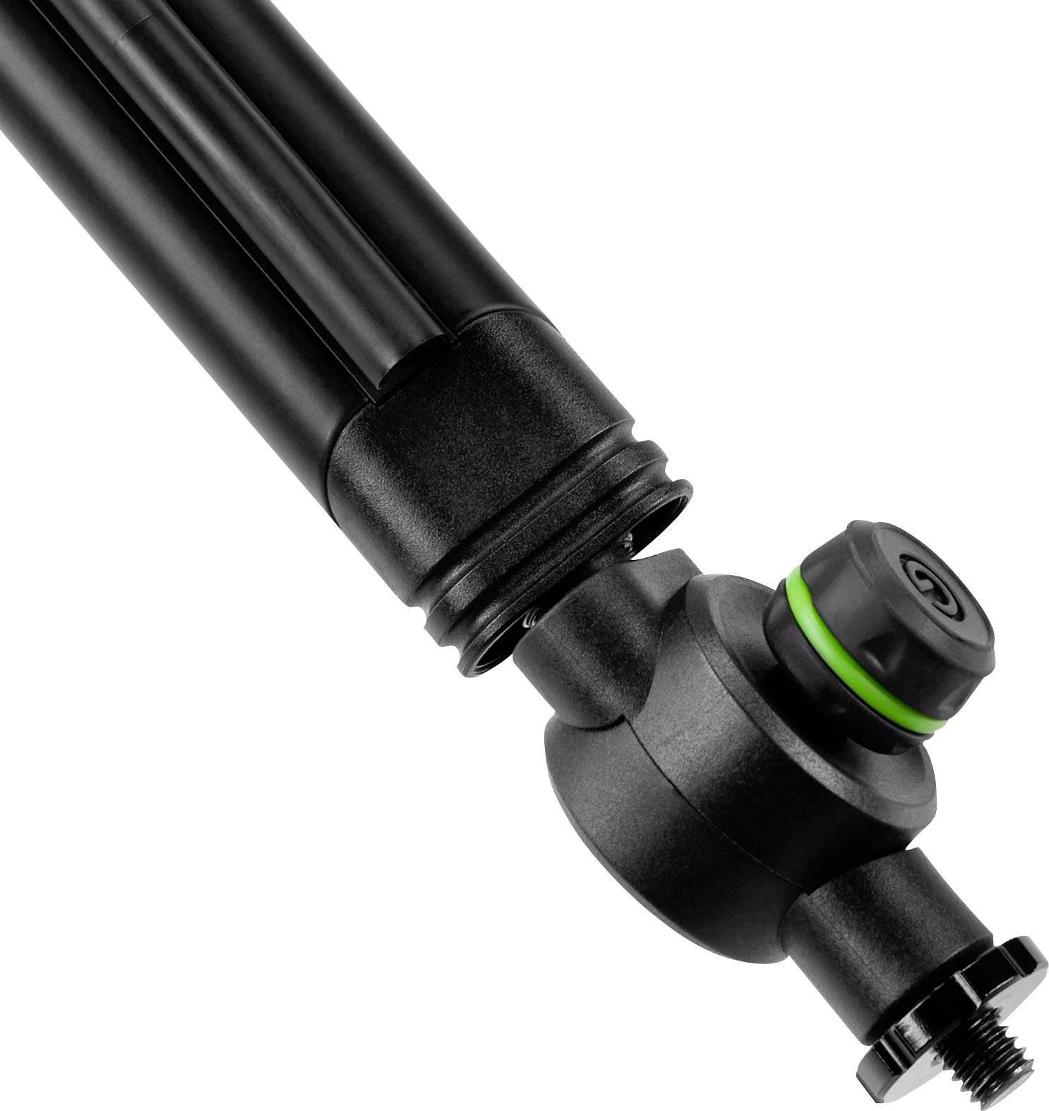 Statyw z regulowanym przegubem, odpowiedni do sprzętu fotograficznego lub oświetleniowego. Czarny design z zielonym akcentem.