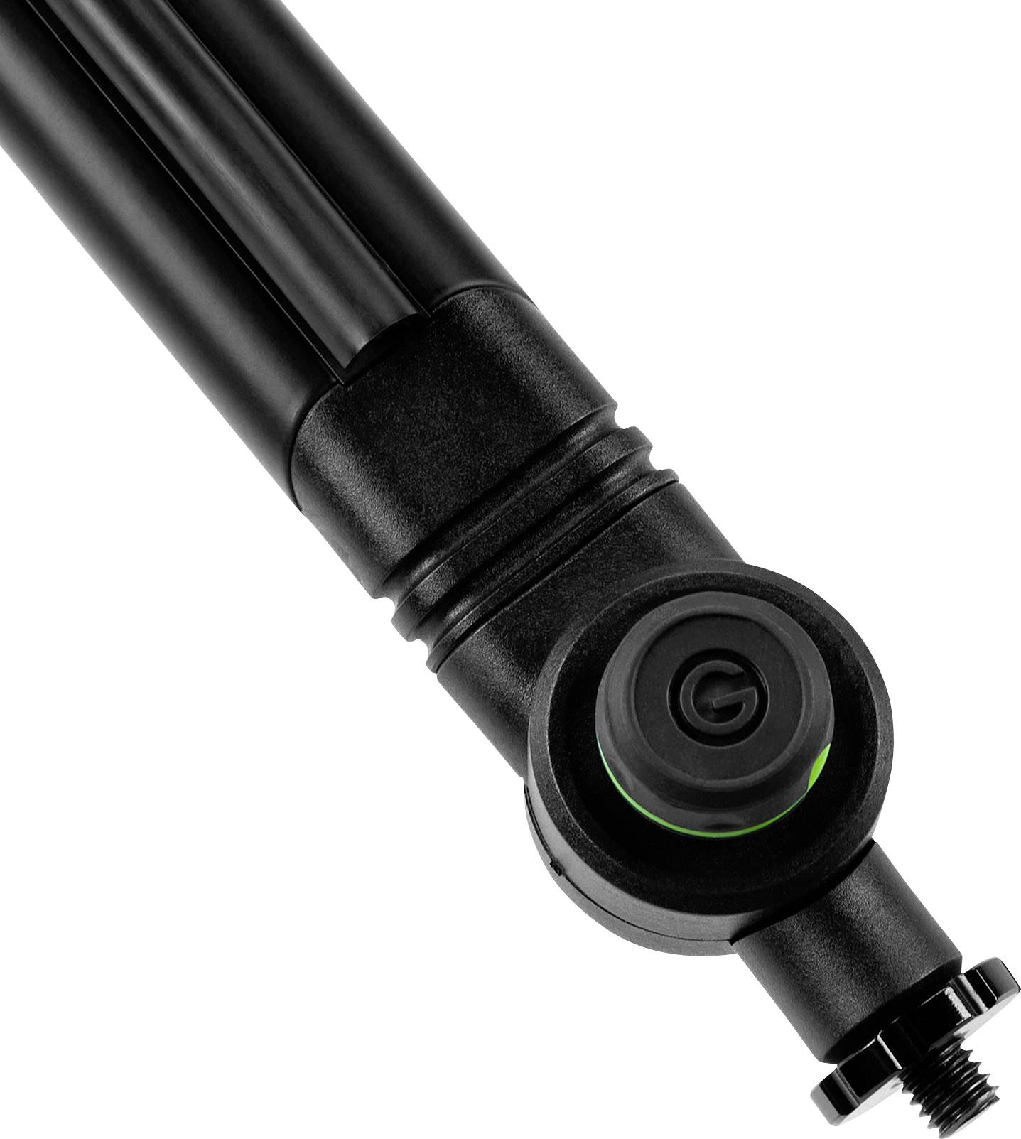 Widok czarnego zawiasu z okrągłym guzkiem z zieloną obwódką, prawdopodobnie element regulowanego uchwytu.