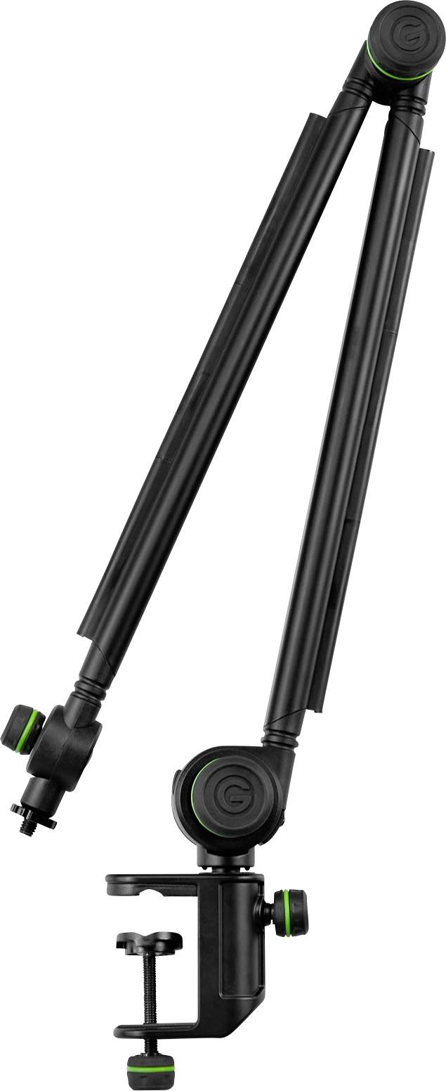 Ramię mikrofonowe z czarnego metalu z przegubami i zaciskiem do mocowania na biurkach, idealne do podcastów lub nagrań.