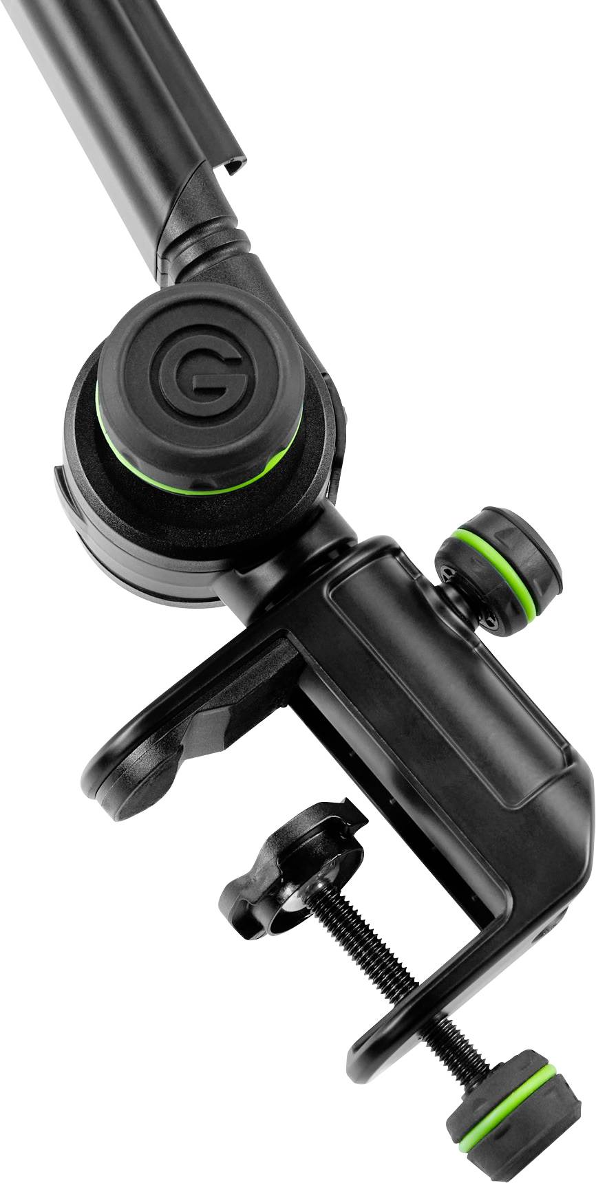 Czarna wysuwana tyczka z zielonym akcentem, zamocowana na regulowanym uchwycie, możliwa do zamontowania na różnych powierzchniach.
