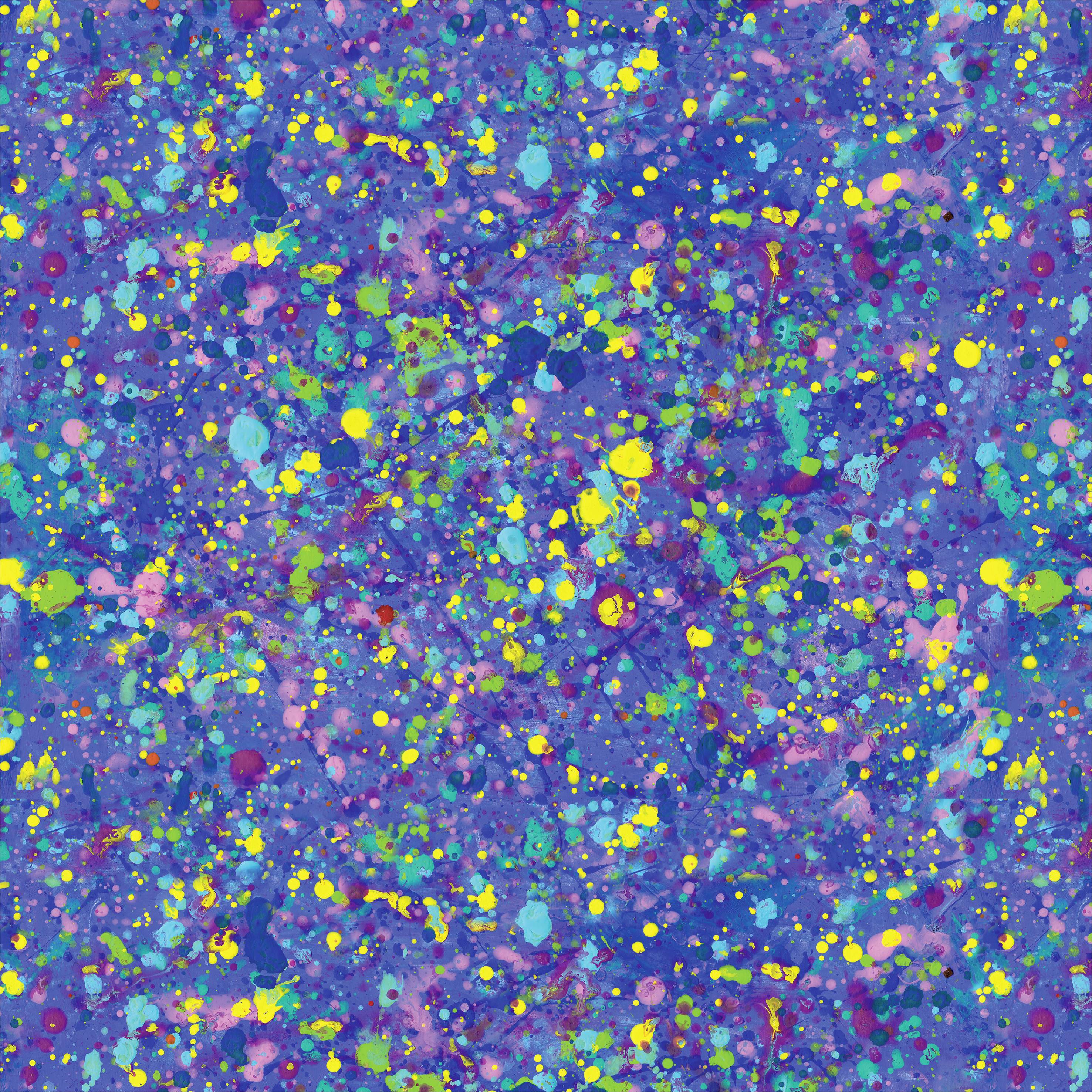 Abstrakcyjny obraz z niebieskimi, zielonymi, żółtymi i różowymi plamami farby, losowo rozrzuconymi na niebieskim tle.