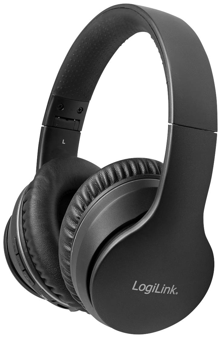 Czarne słuchawki nauszne marki 'LogiLink' z wyściełanymi muszlami i regulowanym pałąkiem, idealne do słuchania muzyki lub prowadzenia rozmów.