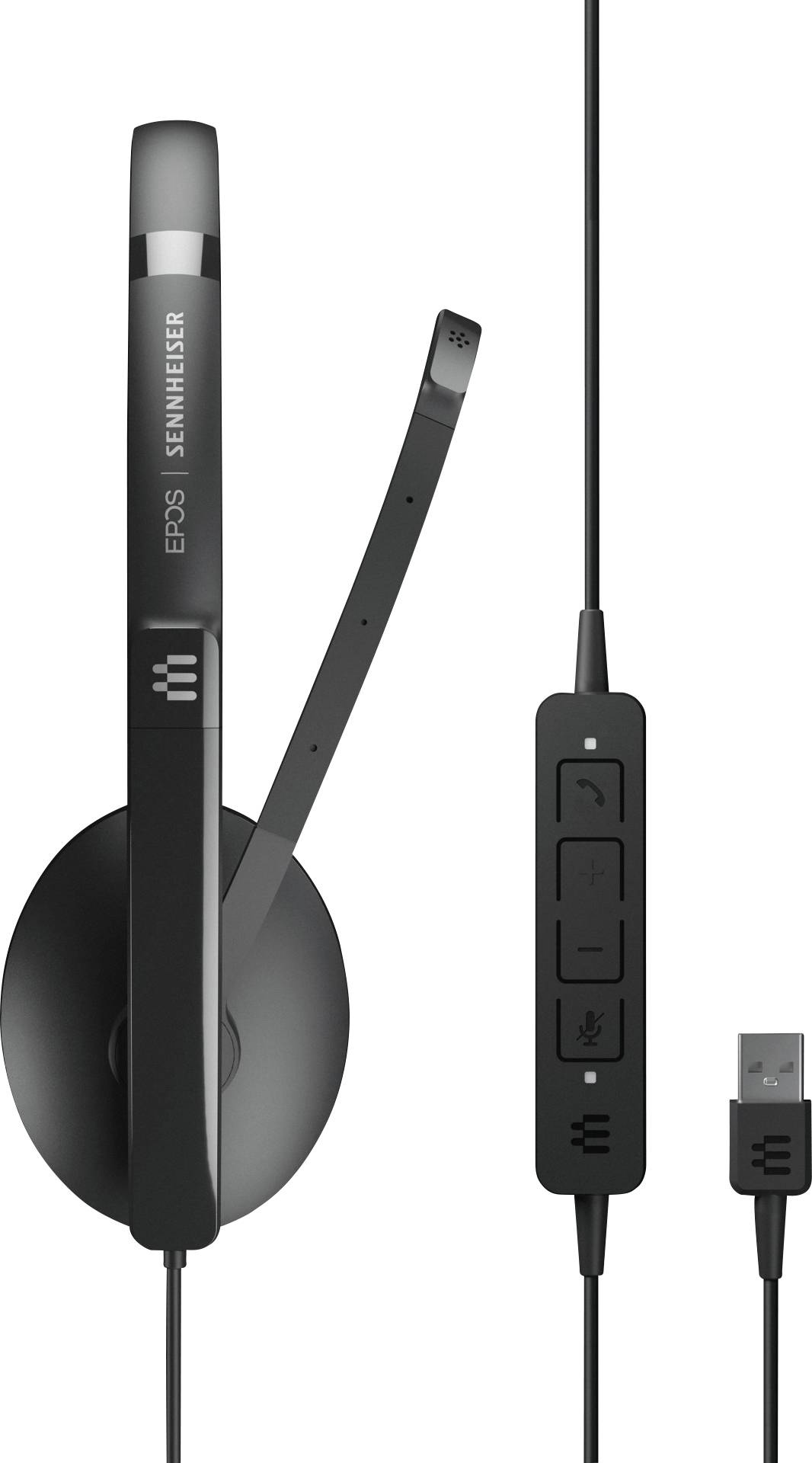 Czarne słuchawki USB z ramieniem mikrofonowym, z nazwą marki 'EPOS Sennheiser' na pałąku. Zintegrowane sterowanie głośnością i mikrofonem.