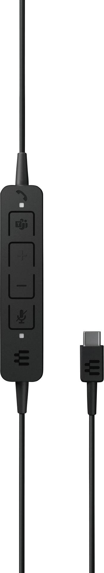 Czarny kontroler kablowy z trzema przyciskami do regulacji głośności i wyciszania mikrofonu, wyposażony w złącze USB-C.