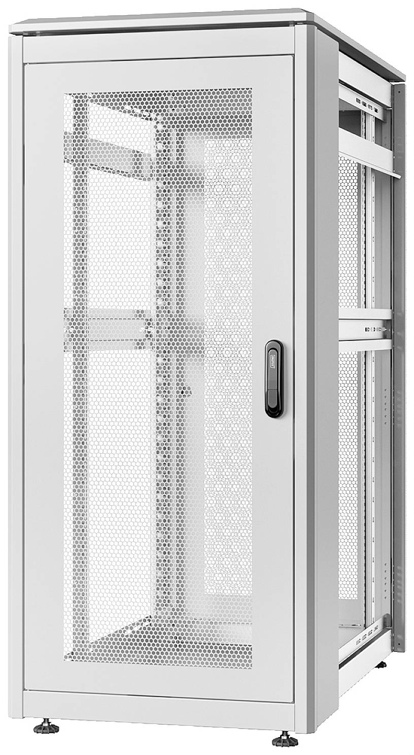 Szafa serwerowa z przezroczystymi drzwiami frontowymi i perforowanymi bokami do wentylacji. Odpowiednia do przechowywania urządzeń informatycznych.